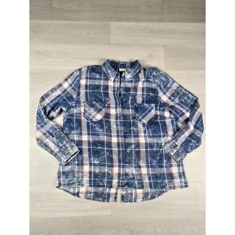 Tribal Jeans Women XL Acid Wash Plaid Button Down Shirt Blue Bleached Split Back